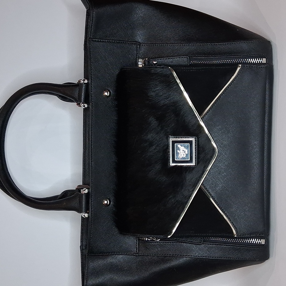 Sharif 1827 LRG Black Saffiano Leather Satchel Handbag w/ Calf Fur/Suede/Chrome